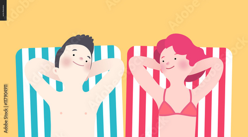 Happy couple sunbathing on the beach - a flat cartoon vector illustration of a couple sunbathing lying on the striped beach mattresses smiling to each other