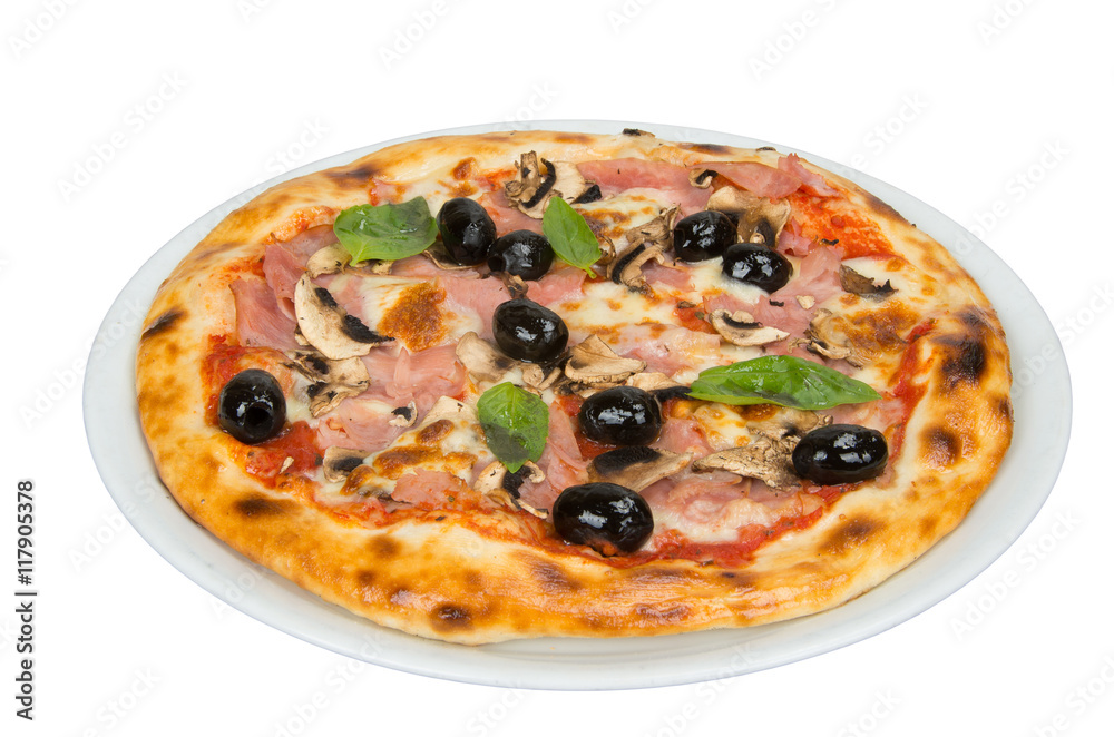 Pizza on a white background with tomato sauce, bacon, mushrooms and olives.