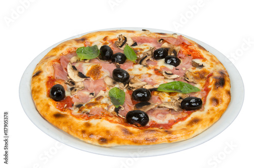 Pizza on a white background with tomato sauce, bacon, mushrooms and olives.