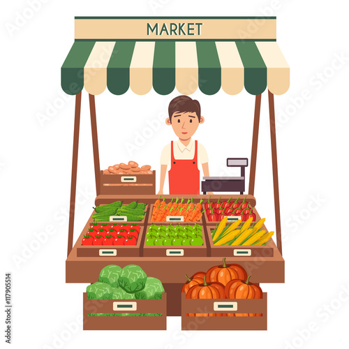 Local stall market. Selling vegetables. Flat vector illustration