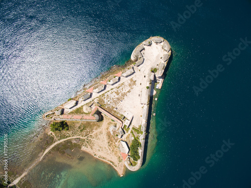 Aerial helicopter shot of St. Nicholas Fortress - Sibenik archipelago.