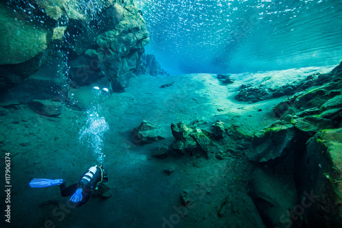 Scuba diving at the divespot Silfra in Iceland