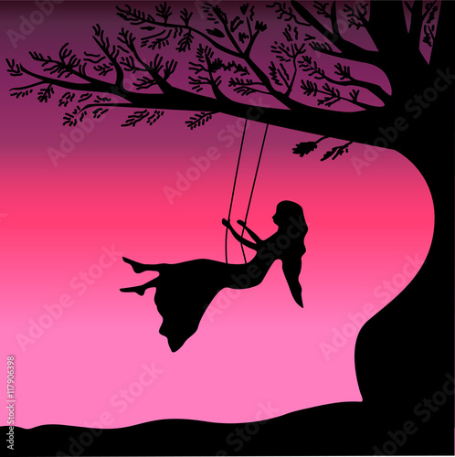 Young girl sitting on the swing in summer garden, silhouette