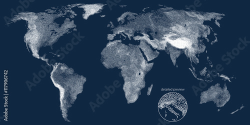 Stippled world relief vector map. Dark edition