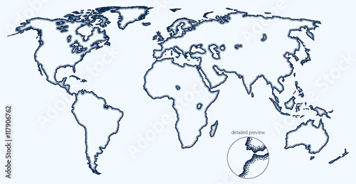 Stippled world stylized vector map. Inside shadow effect. Light edition