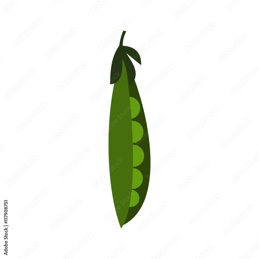 Fresh green pea pod icon in flat style on a white background