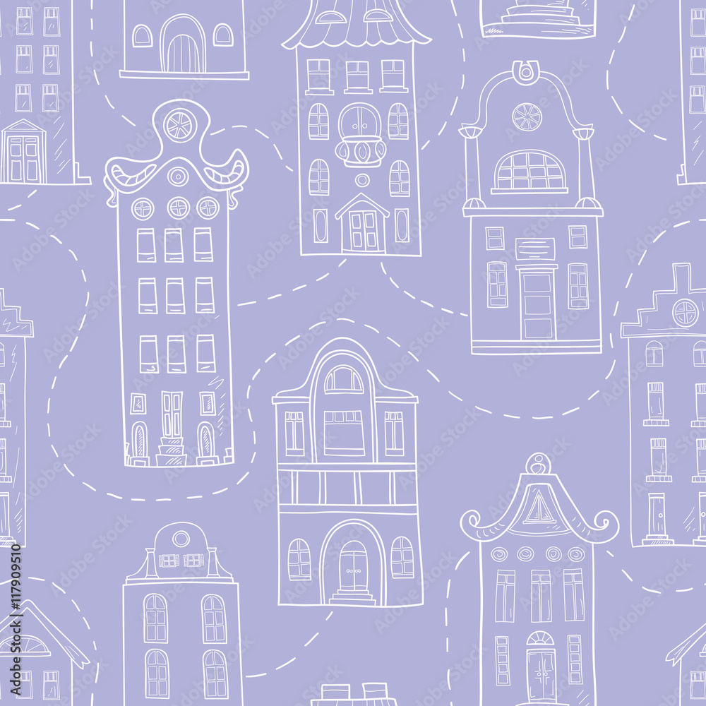Seamless pattern of hand-drawn and colored houses.
