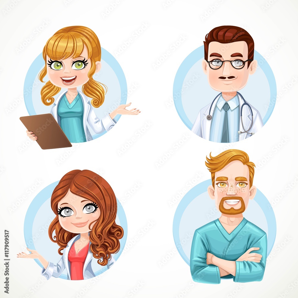 Round avatars portraits of doctors and nurse in white medical co Round avatars portraits of doctors and nurse in white medical co
