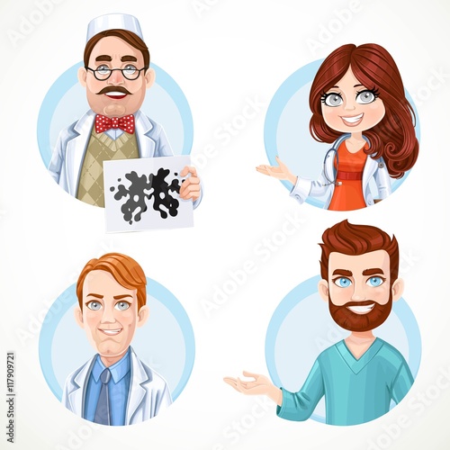Round avatars portraits of men and women doctors in white medica