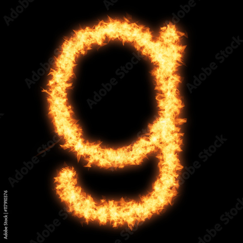 Lower case letter g with fire on black background- Helvetica font based