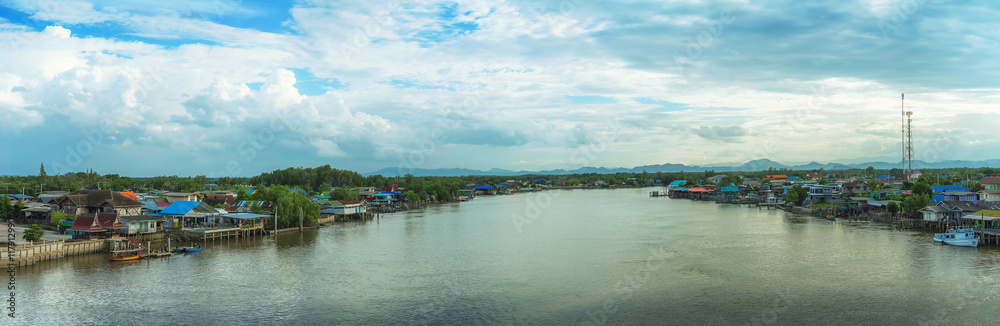 Panorama of the Estuary of the river Tha Chin at Bang Ta Bun, Phetchaburi, Thailand in the background.