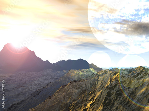Fototapeta Naklejka Na Ścianę i Meble -  Planet of Storms. Exoplanet Exploration - Fantasy and Surreal Landscape. 3D Rendered.