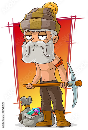 Cartoon old shirtless digger with diamonds