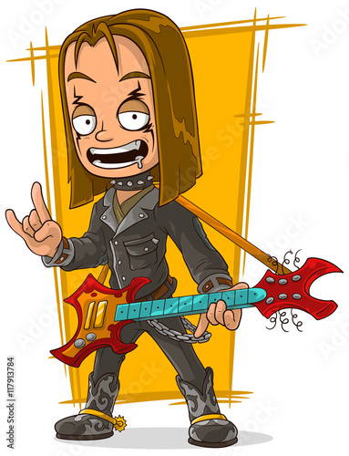 Cartoon long hair rocker in black leather jacket