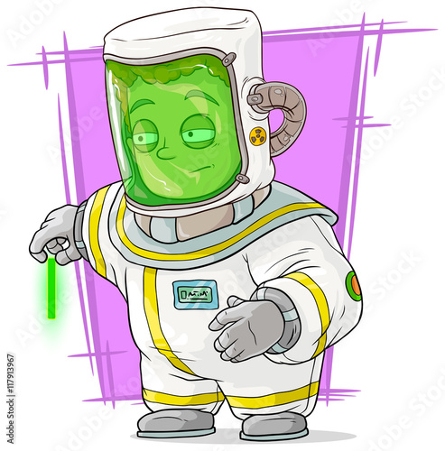 Cartoon scientist in protective suit with uranium