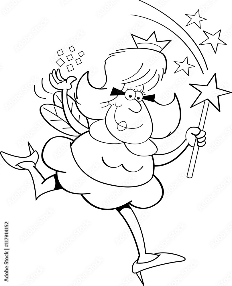 Black and white illustration of a fairy godmother waving a magic wand. Black and white illustration of a fairy godmother waving a magic wand.