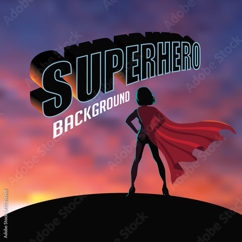 Obraz na plátně Superhero woman silhouette sunrise or sunset background with copy space