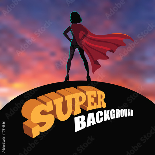 
Superhero woman silhouette sunrise or sunset background with copy space. EPS 10 vector.