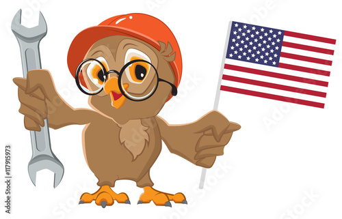 Labor Day USA. Owl holding wrench and American flag