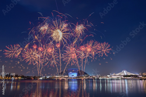 Photography Beautiful Singapore national day fireworks at national stadium.