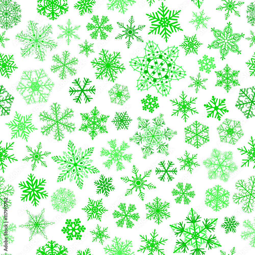 Seamless pattern of snowflakes, green on white Seamless pattern of snowflakes, green on white
