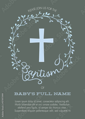 Baptism, Christening Naming Day Celebration Invitation with Watercolor Cross and Floral Wreath Design - Vector