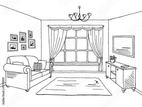 Living room graphic black white interior sketch illustration vector