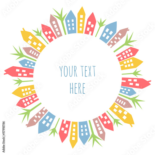 Colored houses doodles on circle, seamless pattern