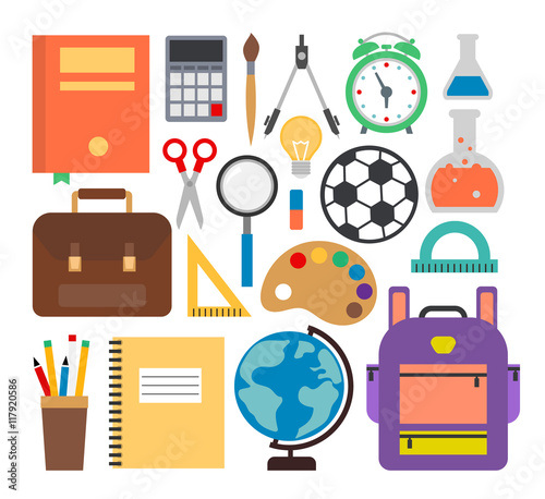 school supplies set in flat style isolated on white background
