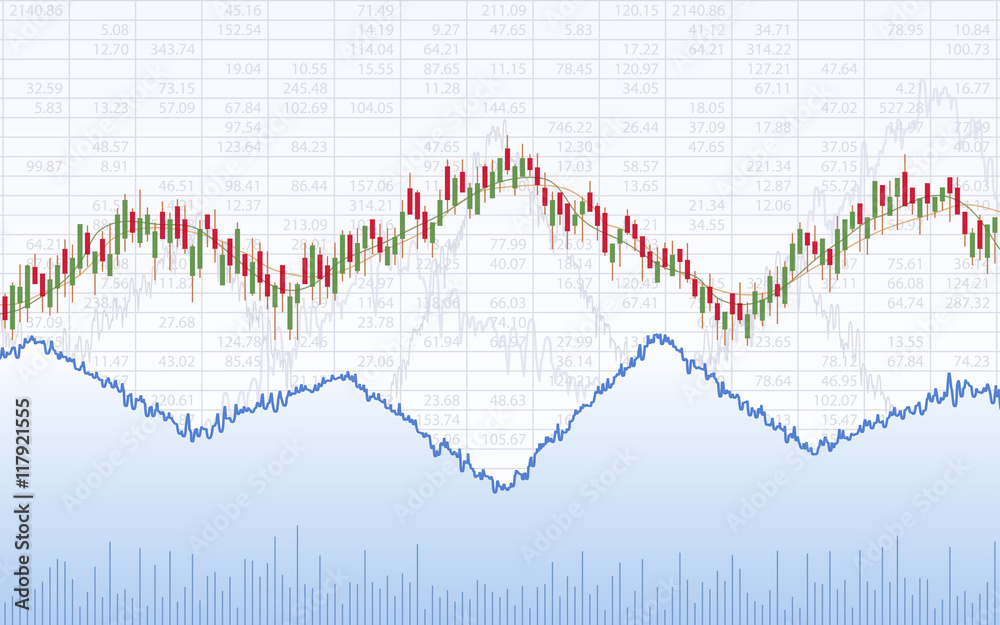 Naklejka premium Abstract Business chart with trend line graph, candlestick chart and stock numbers in sideways market on white color background (vector)