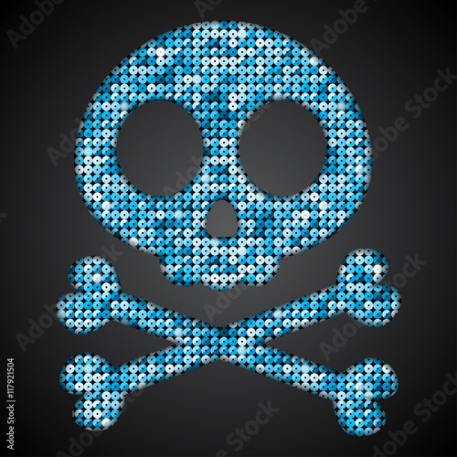 Vector blue skull. Pirate flag. Sequins.