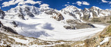 View to Bernina massive and Morteratsch glacier from Diavolezza mountain, canton Graubunden. Diavolezza is one of the ski areas of the Upper Engadin, near Sankt Moritz, Switzerland. 