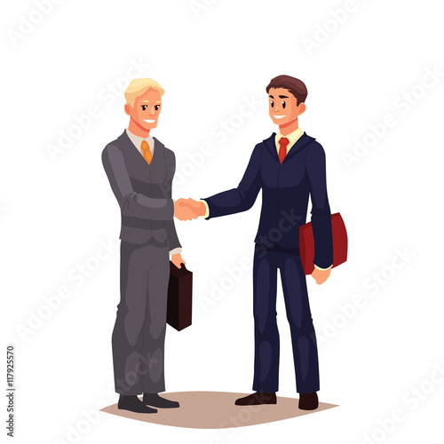 Two businessmen in suits shaking hands, cartoon style vector illustration isolated on white background. Blond and brown haired office workers, businessmen shaking hands, handshaking, closing a deal