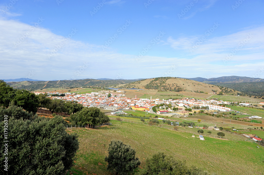 Panoramic view of Almaden de la Plata, province of Sevilla, Spain