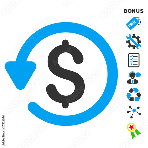 Refund icon with bonus pictograms. Vector illustration style is flat iconic bicolor symbols, blue and gray colors, white background, rounded angles.