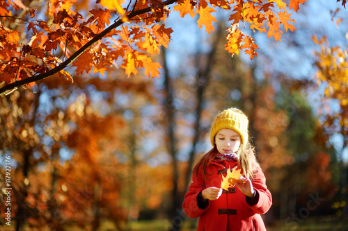 Cute little girl having fun on beautiful autumn day