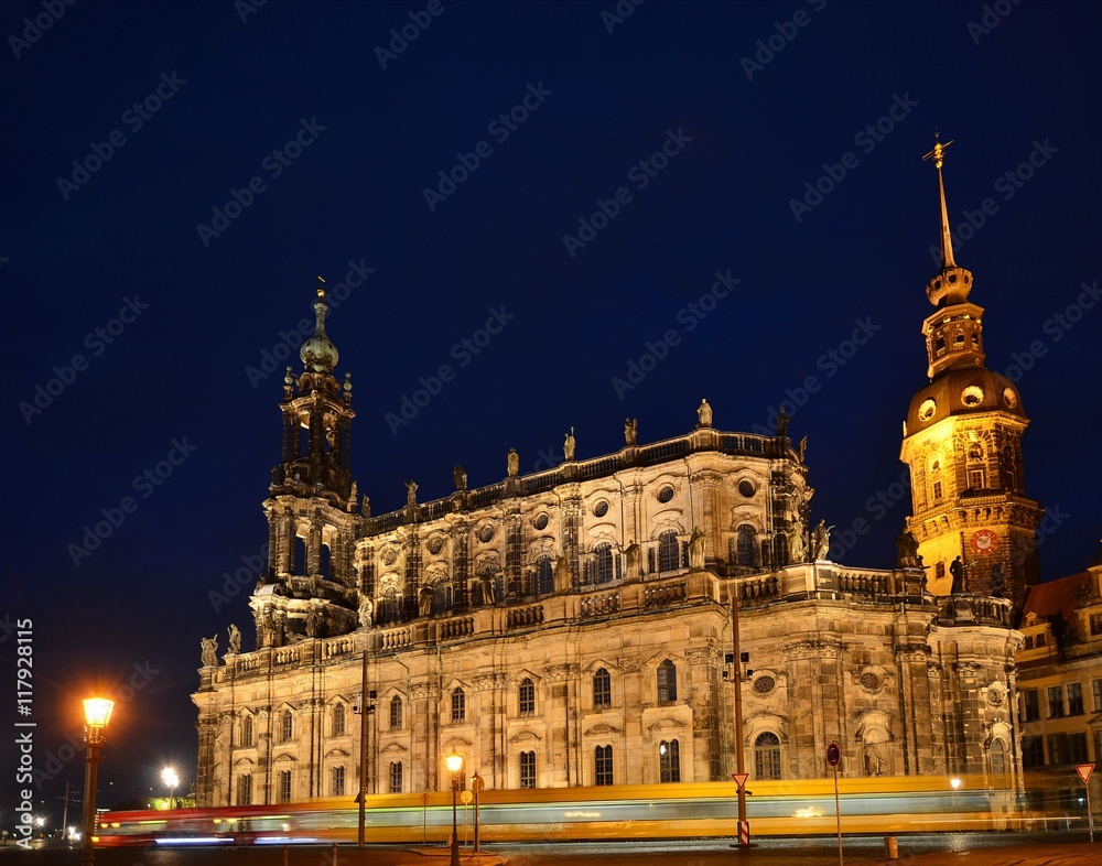 Dresden Royal Palace by night with tram shadow