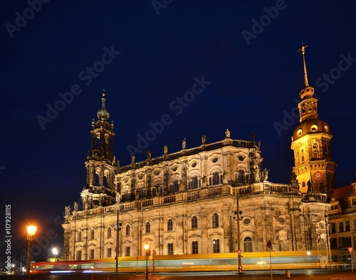 Dresden Royal Palace by night with tram shadow