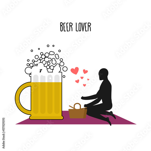 Fényképezés Beer lover. Lovers on picnic. Rendezvous in Park. Mug of beer an