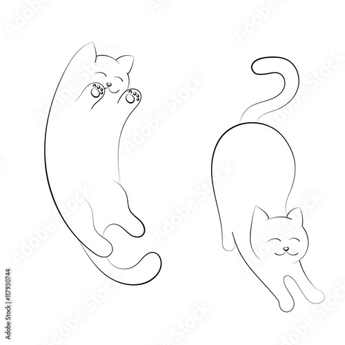 Vector silhouettes hand-painted two cats. The cat is in a playful mood, belly up. The cat stretches.