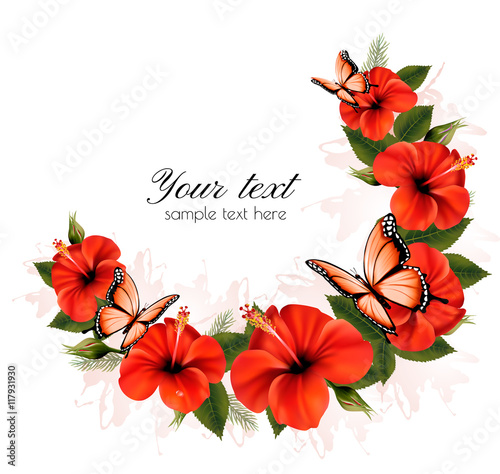 Fototapeta Naklejka Na Ścianę i Meble -  Holiday background with red beauty flowers and butterflies. Vect