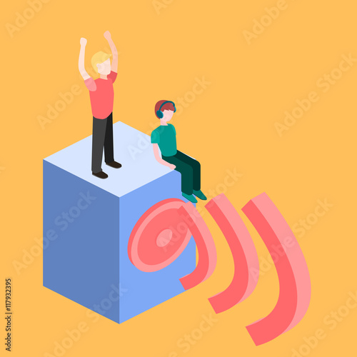Isometric people dance. Flat 3D illustration.