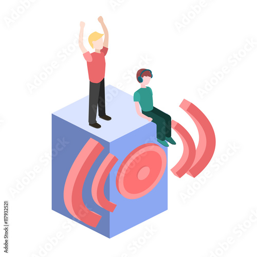 Isometric people dance. Flat 3D illustration.