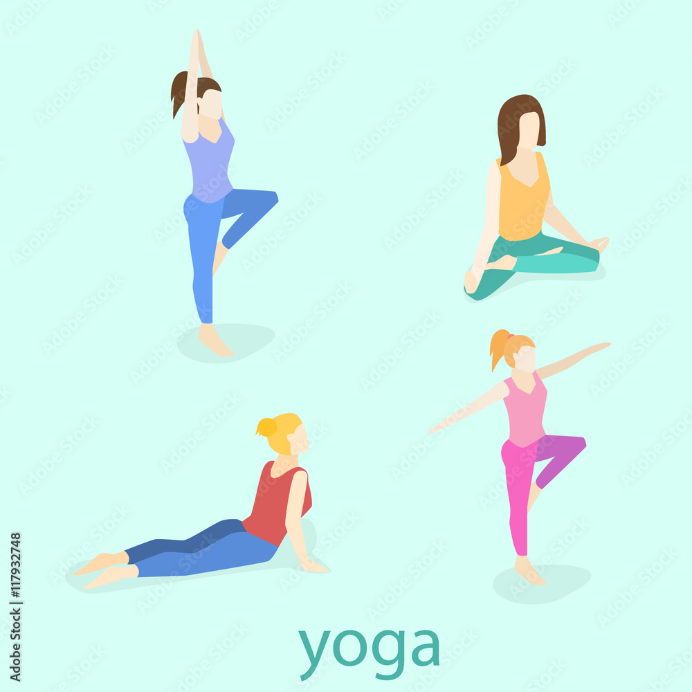Cartoon girl in Yoga poses with titles for beginners isolated on white background. Yoga Poses Infographic Elements with captions. Vector illustration.