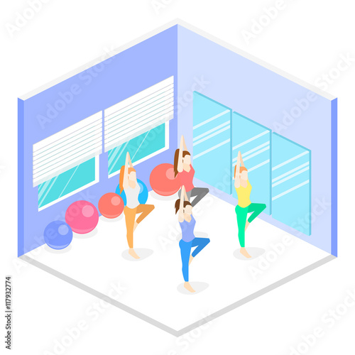 Isometric interior of yoga class. people do yoga
