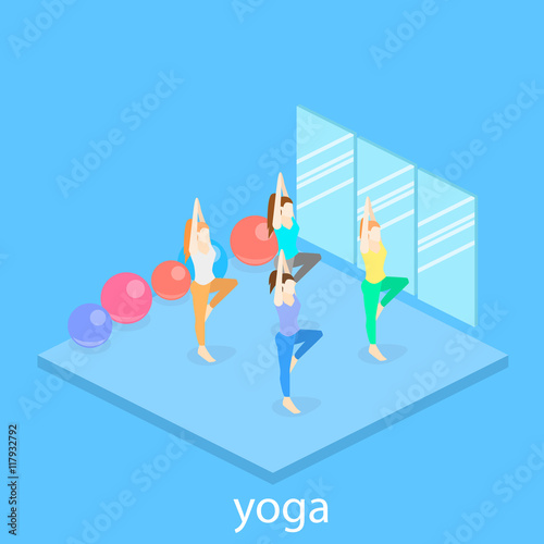 Isometric interior of yoga class. people do yoga