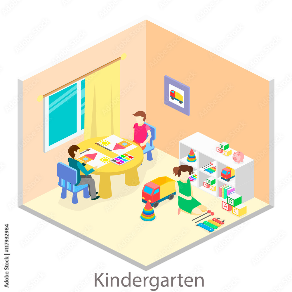 Isometric interior of room in the kindergarten. Children draw