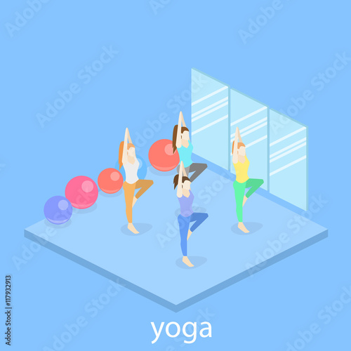 Isometric interior of yoga class. people do yoga.