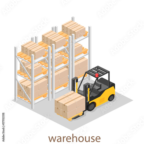 isometric interior of warehouse. The boxes are on the shelves