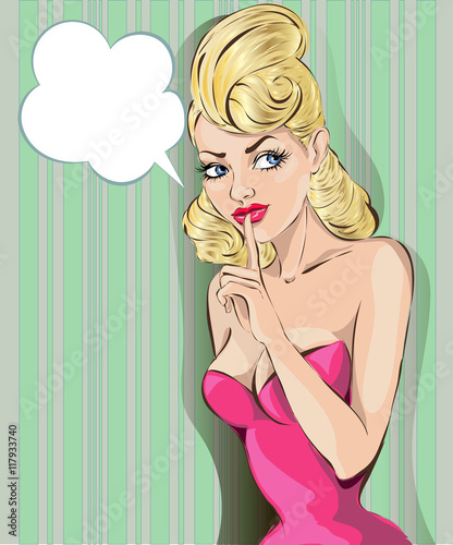Pop art pin-up woman with finger on her lips. Silence Gesture